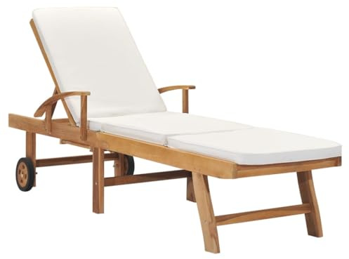QZZCED Tumbona de Teca Clásica con Cojín y Mesa Deslizante, 3 Posiciones Ajustables y 2 Ruedas para Jardín, Patio o Piscina, Mueble de Exterior Duradero con Acabado Cálido