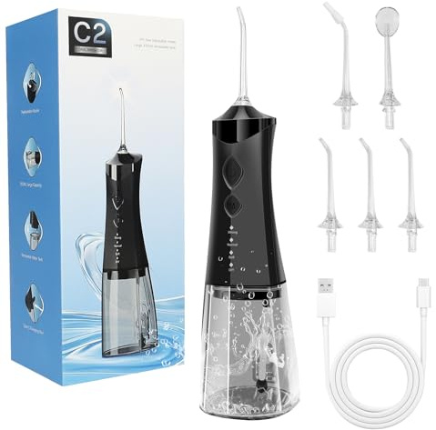 ABIULUM Cordless Water Flosser for Teeth, Oral Irrigator 350ml 4 Modes | IPX7 Waterproof Electric Dental Flosser with 5 Jet Tips for Braces, Sensitive Gums, Rechargeable Tooth Cleaner Travel Home