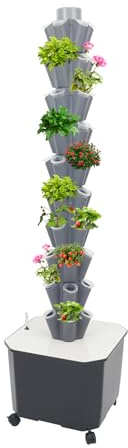 JAYEUW Sistema di coltivazione idroponica a torre idroponica, 50 fori, sistema di coltivazione senza terra, da giardino, con 5 ruote, per erbe, frutta e verdura, serbatoio dell'acqua da 45 l