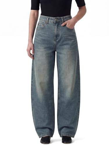 Chasehot Barrel Jeans for Women, High Waisted Stretchy Trendy Wide Leg Sweatpant Jeans Vintage Relaxed Fit Baggy Boyfriend Cute Ladies Denim Pants, Heritage Vintage Wash-Size 12