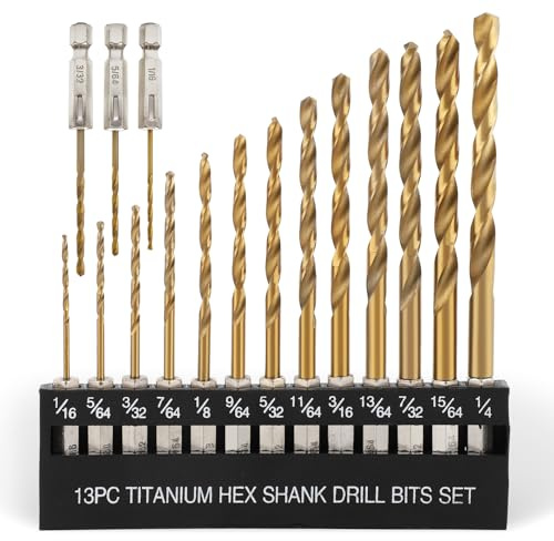 COMOWARE Titanium Twist Drill Bit Set - 16 Pcs Hex Shank High Speed Steel for Wood Plastic Aluminum Alloy, Quick Change, 1/16-1/4
