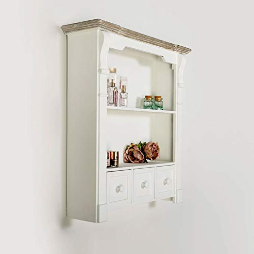 Melody Maison White Wooden Wall Shelf Unit with Drawers - 59cm x 68cm