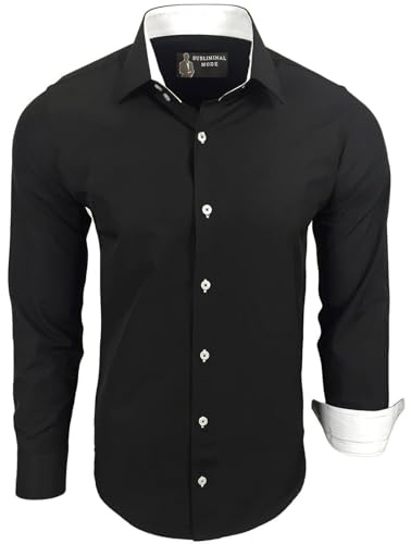 Subliminal Mode - Repassage Facile Chemise Homme Col Bicolore Uni Manches Longues Coupe Slim Business Idée Cadeau, Noël, Saint Valentin RN44,M,Noir