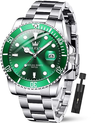 OLEVS Luxury Watches for Men Green Face Men's Wrist Watches Big Dial Man Watch Stainless Steel Waterproof Quartz Analog with Date Fashion Elegant Silver Mens Dress Watch Relojes para Hombres