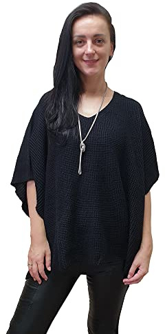 Mimosa LadiesOne Size Knitted Warm Oversized V-Neck Poncho Cape with Side Buttons (One Size, Black)