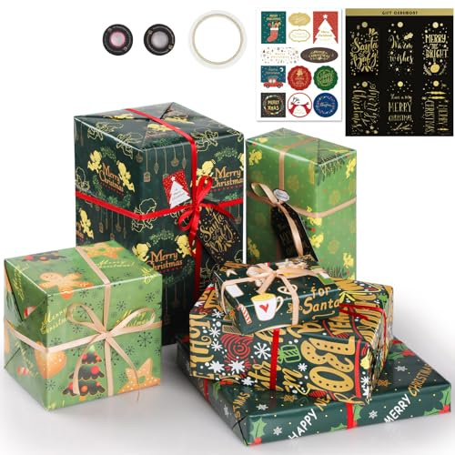 Bigqin Set di 6 carte da regalo natalizie 70 * 50 cm Carta decorativa regalo per bambini Ragazze Ragazzi Donne Vacanze di compleanno di Natale, con corda e nastro adesivo