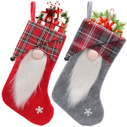 2 Stück Gesichtsloser Alter Mann Weihnachtsstrumpf,Nikolausstrumpf zum Befüllen,Wichtel Geschenktasche,Bonbontüte,Rot und Weiß Plaid,Weihnachtsdeko für Wand,Kamin,Treppe,Gnomstrumpf（Grau, Rot）