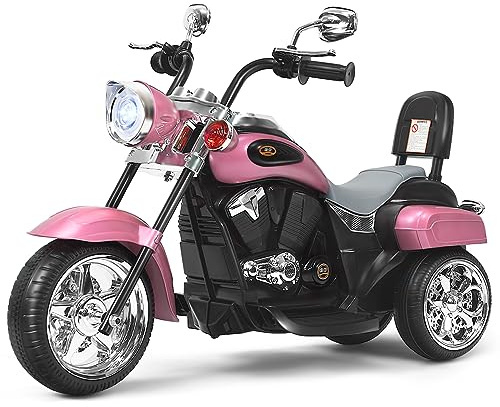 COSTWAY Elektrisk barnmotorcykel, 6 V, med justerbar strålkastare, trehjulings-elmotorcykel med ljud, tuta, backspeglar och pedaler, hastighet 2,5–3 km/h, rosa