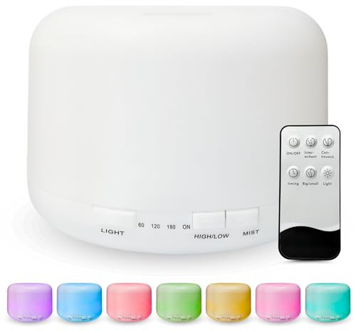 Humidificador Aceites Esenciales, difusor de Aromas, Difusor de Aromaterapia, Difusor Ultrasonico de Aceites Esenciales, con Luz Led de 7 Colores y Temporizador, Control Remoto para Hogar,Yoga,500ml