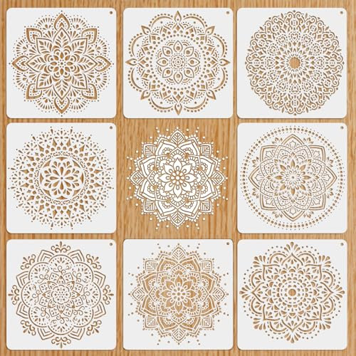 MWOOT 8 Stück Große Schablonen,Mandala Painting Stencils Schablone,Wiederverwendbare Malerei Vorlage Stencil,Mandala Skala Schablonen Malen für Kacheln Malerei Leinwand Möbel Handwerk (29.8x29.8CM)