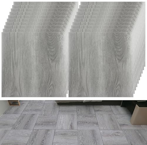 DAJAVE 40 Pcs Self Adhesive Floor Tiles 30x30cm Peel and Stick Floor Tiles Grey Vinyl Floor Tiles Wood Effect Floor Stickers for Kitchen Bedroom Bathroom Living Room