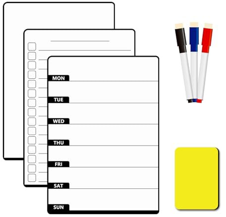 3 Pezzi Lavagna Magnetica da Parete,Lavagna Magnetica Frigo,3 Pezzi Lavagna Magnetica per Calamite,3 Pennarelli + Gomma,Lavagna Magnetica per Promemoria,Appunti,Elenchi e Menu In Casa Cucina Ufficio