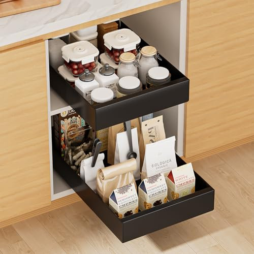 2 Stück Teleskopschublade Küche Ausziehbare Schubladen-Aufbewahrungsregale (25cm B x 43 cm T x 7 cm H) Schublade Ausziehbar für Küche Speisekammer und Bad (Schwarz)