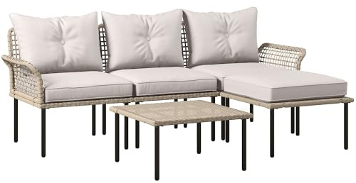 Outsunny Conjunto de Jardín Exterior de Ratán Sintético de 5 Piezas Muebles de Jardín Exterior Incluye 2 Sofás Esquineras 1 Sofá de Exterior 1 Taburete 1 Mesa de Centro con Cojines Crema