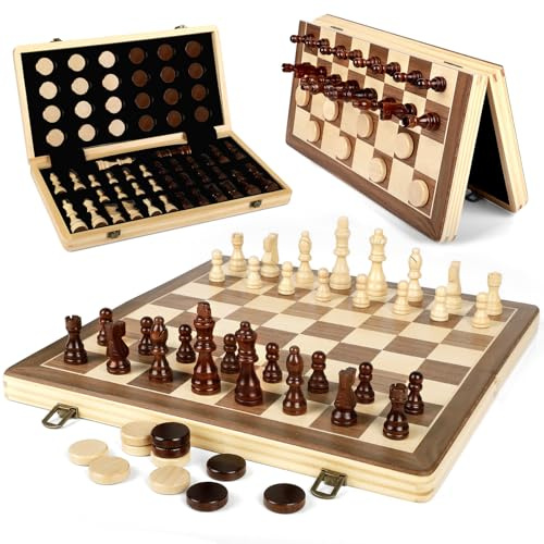 LEAP Jeu d'échecs magnétique en bois pliable de 39,4 cm, pièces d'échecs de 7,6 cm, fentes de rangement magnétiques supérieures pour débutants, adultes avec 2 grands grands lits supplémentaires