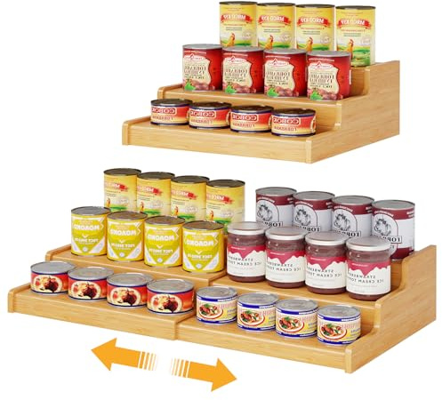 Expandable Bamboo Can Rack Organizer for Pantry, 3-Tier Adjustable Can Storage Holder, Soda Organizer Holds Up to 24 Cans, Canned goods Storage Display for Pantry, Cabinet, Countertop (patent pending)