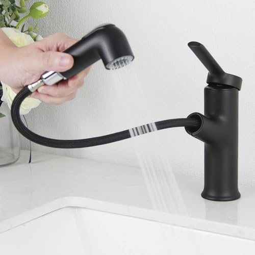 Wasserhahn Bad Schwarz, SEMANEY Waschtischarmatur mit Herausziehbarer Brause, Mischbatterie Waschbecken 2 Wasserstrahlarten, Hochdruck Einhebelmischer Waschbecken Armaturen