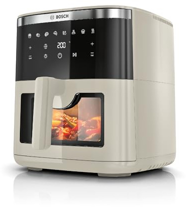 Bosch Heißluftfritteuse Serie 6, XXL Air Fryer, creme, 7,2 L Fassungsvermögen, beleuchtetes Sichtfenster, 7 voreingestellte Programme, bis zu 65% schnelleres Kochen, MAF671C0