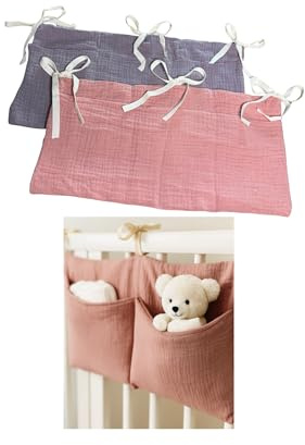 Pack 2 Pack 2 organizador cuna bebé Bolsa de almacenamiento para cuna bebé Organizador de cama de bebé Bolsillo para la cuna Bolsillo organizador colgante (Rosa y gris lavanda)