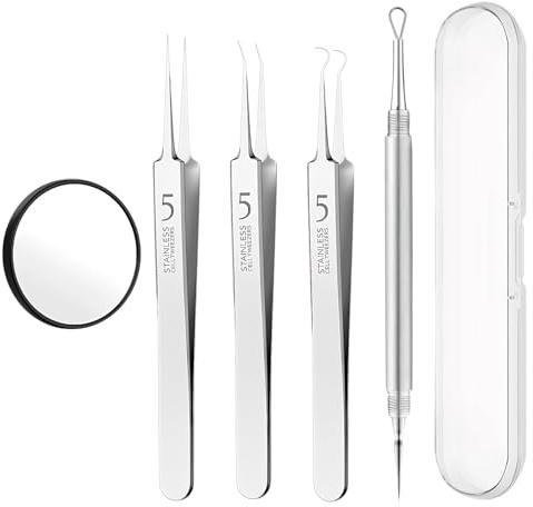 5 Piezas Herramientas para Eliminar Espinillas, Extractor de Puntos Negros Acero Inoxidable, Quita Espinillas y Puntos Negros Profesional, Blackhead Remover con Lupa Ampliadora, para Quitar Granos