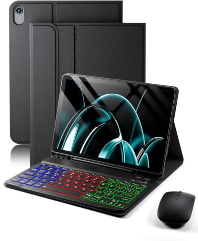Para iPad A16 11 Generación (2025) 11 pulgadas / iPad 10 Generación (2022) 10,9 pulgadas funda con Teclado inalámbrico Bluetooth retroiluminado (teclado QWERTY, distribución española) y ratón，Negro