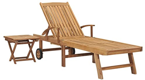 Keeushr Lettino prendisole in legno massello teak con tavolo, 1 lettino con ripiano estraibile e 1 tavolo pieghevole, schienale regolabile in 3 posizioni e poggiapiedi, 2 ruote per una facile mobilità
