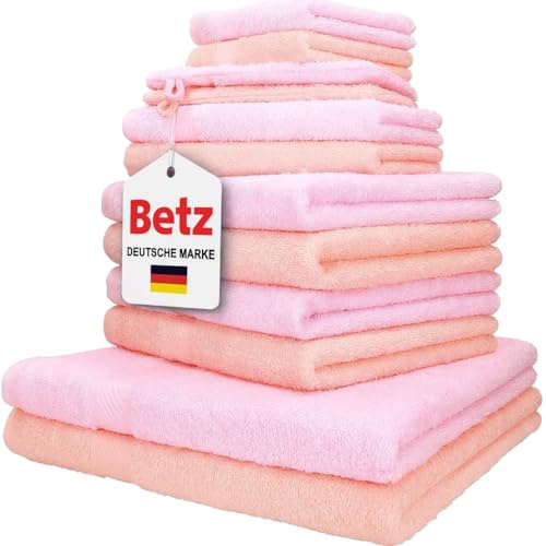 Betz 12-TLG. Handtuch-Set Palermo 100% Baumwolle 2 Liegetücher 4 Handtücher 2 Gästetücher 2 Seiftücher 2 Waschhandschuhe Farbe apricot und rosé