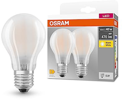 OSRAM Lampada LED BASE CLASSIC A GLFR 40 con attacco E27, goccia, confezione doppia, 4W, 470lm, 2700K, luce bianca calda, bassa emissione di calore, lunga durata, basso consumo energetico