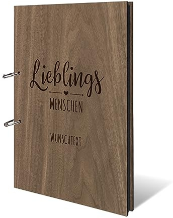 Personalisiertes Geburtstag Fotoalbum echtes Holz DIN A4 Erinnerungsbuch mit Lasergravur - Lieblingsmenschen - mit 25 Blatt / 50 Seiten Fotokarton Schwarz