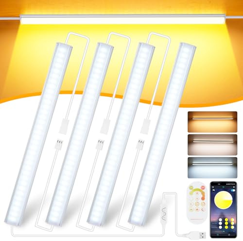 Lixada LED Unterbauleuchte mit Bluetooth-Smart-App-Fernbedienung, Dimmbare Lichtleisten Küchenlampe Vitrinenbeleuchtung Schrankbeleuchtung mit 4x30cm Strip für Küche Schrank