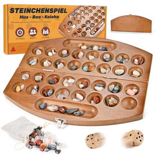 Wooderma Hus Bao Kalaha Steinchenspiel Mancala aus Holz mit Edelsteinen, Edelsteinspiel, Muschelspiel, Bohnenspiel für 2 Spieler