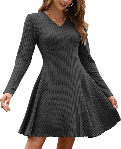 AUSELILY Höst jumper klänning för kvinnor UK lätt stickad v-hals A linje långärmad klänningar vinter tröja jersey damklänning elegant