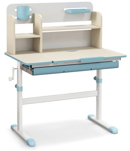 LIFEZEAL Escritorio Infantil Regulable e inclinable (Azul, 80x51x110,5 cm) | Pupitre juvenil para niños de 3 a 12 años con cajón y estante de almacenamiento