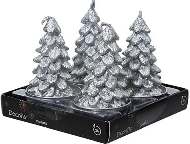 Teelichter Kerzen Paraffin 7cm Tannenbaum Form 4er Set - Adventskerzen für den Teelicht Adventskranz - Tischkerzen Dekokerzen - Tischdeko & Weihnachtsdeko - Silber