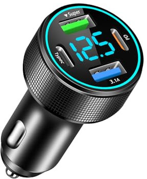 66W Caricatore Auto USB C, 4-porte Accendisigari USB C con ricarica rapida QC3.0 e PD30W, Caricatore Auto Accendisigari con voltmetro a LED per iPhone16/15/14/13/12, Samsung Galaxy, iPad