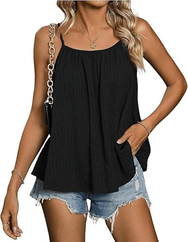 Sukiglam Women Cami Tops UK Summer Sleeveless Scoop Neck Strappy Vest Top Ladies Loose Fit Spaghetti Strap Tank Tops Casual Pleated Going Out Top Light Breathable Camisole Shirts Black