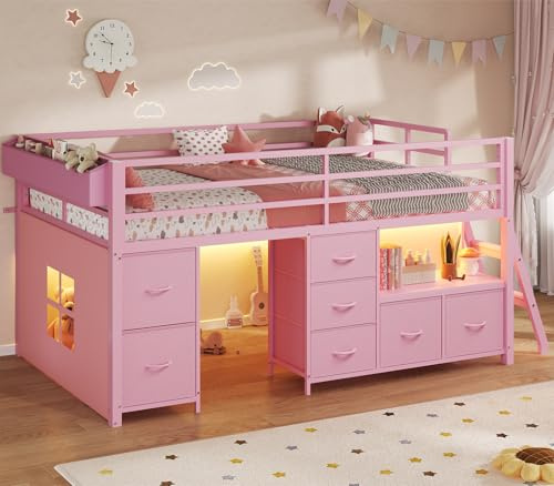 ADORNEVE Low Loft Bed Twin Size with 7 Storage Drawers, Bookcase and LED Lights, Metal Kids Loft Bed with 14 H Safety Guardrail,Inclined Ladder and Play Curtain, Under-Bed Play Space,Pink