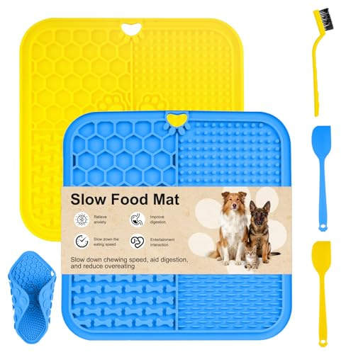 2 Alfombrillas para Lamer Perros y Gatos con Ventosas, 20x20cm Lickimat Perross, Alfombrilla Alfombra Comedero Perro Gato, Alfombrilla para Comida de Perros Gatos Mascotas + Espátula/Pincel