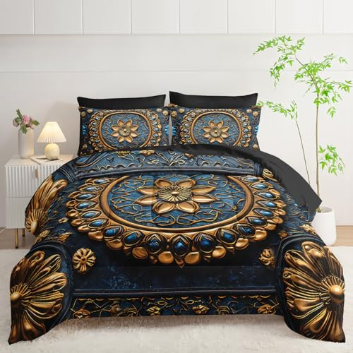 lneffble 7 Piece Bed in A Bag Black and Gold Mandala Comforter Set Queen Size，Mandala Bedding Set Queen，(1 Comforter, 1 Flat Sheet, 1 Fitted Sheet, 2 Pillowcase and 2 Pillow Sham)