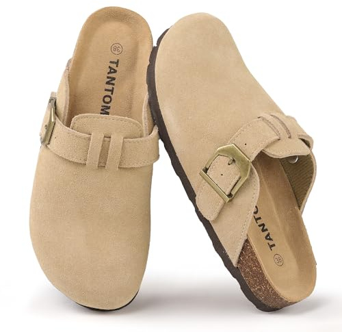 Zoccoli unisex in pelle scamosciata, antiscivolo per uomo e donna, con supporto per l'arco del piede, scarpe da giardino da donna con plantare in morbido sughero, taglia 36-42 EU, cachi, 37 EU