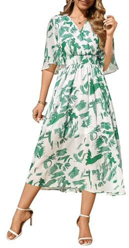 PASUDA Vestidos Verano Mujer Manga Corta Vestido Largo Cuello en V Estampada Elástico Cintura Alta Bohemio Midi Vestido Elegante de Playa Casual Fiesta Invitada Boda (Cuadrados Verdes, XL)