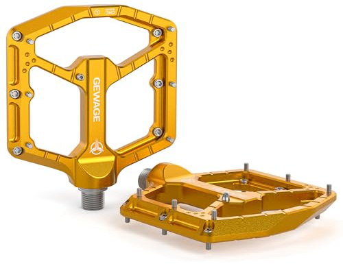 GEWAGE Pedales MTB Profi – Aluminio CNC, Sistema de Triple rodamiento (rodamiento de Bolas Grande+de Agujas), Eje Chromoly 9/16″, diseño monobloque Ultrafino, 14 Pins, compactos (Dorado)