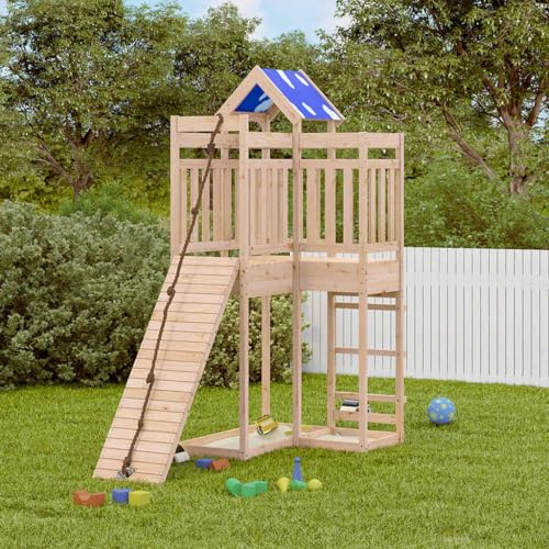 LoogCape Tour de jeu en pin massif avec toboggan, rampe d'escalade, bac à sable et toit pour enfants dans le jardin, appareil de jeu robuste pour l'extérieur, cadre en bois sûr pour enfants à partir