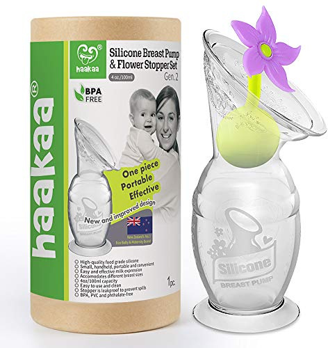 haakaa 100 ML Extractor de Leche Manual con Azul Tapón de Flores y Base, Silicona Sacaleches Manual, Colector de Leche Materna, Saludable e Inofensivo