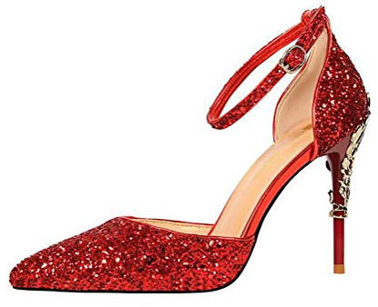 Womens Glitter High Heel Pointed Ankle Strap Stiletto Sandals Party Prom Clubbing Court Shoes Red UK 6.5