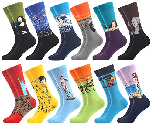 WeciBor Herren Bunt Beiläufig Gemusterte Socken Gekämmte Baumwolle Lustig Neuheit Crew Socken, 12 Paar Ölgemälde 1, Einheitsgröße