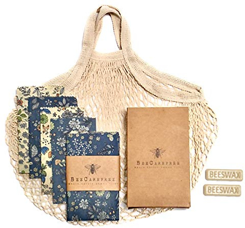 4-Pack Reusable Beeswax Wraps with Produce Bag & 2 Beeswax Bars