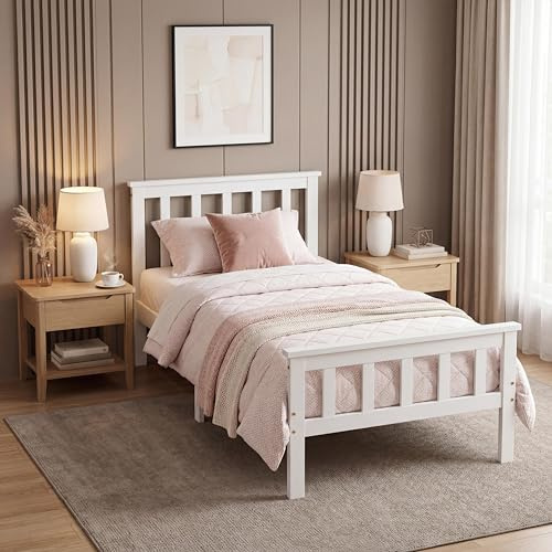 Panana New Single Bed Frame 3FT White Solid Pine Wood Bed for Adults, Kids, Teenagers (White)