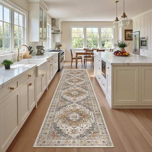 Madane Runner Rugs for Hallway 2x10 Long Washable Non-Slip Hallway Runner Rug Low-Pile Stair Kitchen Runner Throw Carpet for Entrance Living Dining Laundry Room (Turmeric/Grey, 2 x 10)