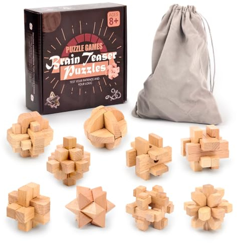 Holzsammlung Set of 9 Wooden Brain Teaser Puzzles, 3D IQ Challenge Puzzle Games, Small Logic Mind Puzzle Box Toy Removing Assembling Lock Puzzle Gift Set for Adults Teenagers Kids, 1.8inch 4.5cm